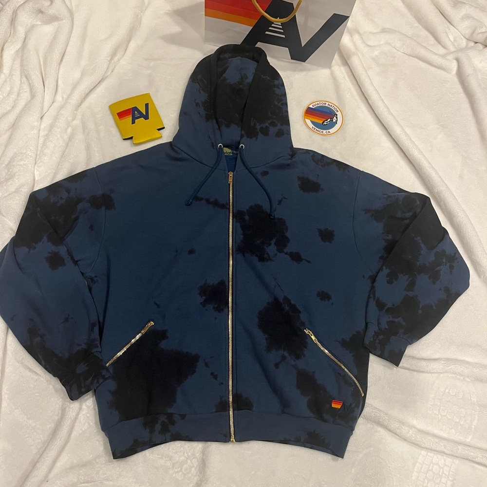 - NWT Aviator Nation Relaxed Hand Dyed Zip Hoodie Tie dye Blue Black Extra Large
